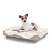 Hund sitter på en liten Topology hundeseng med saueskinnstopper og runde treføtter