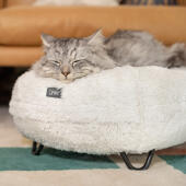 Katt som sover på en supermyk doughnut katteseng i Snow med tilpassbare føtter