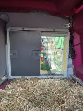 En grå automatisk døråpner montert inne i et rosa hønsehus i plast