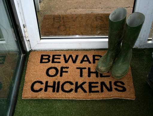 Pass opp for kyllingens dørmatte med gummistøvler på toppen